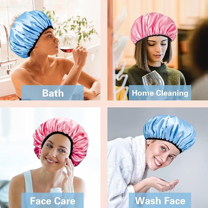 Auban Shower Cap for Women, Adjustable Reusable, Extra Large, Double-Layer Waterproof Bathing cap, Waterproof Exterior, EVA Lining, Hair Cap for All Hair lengths, 3 Colors