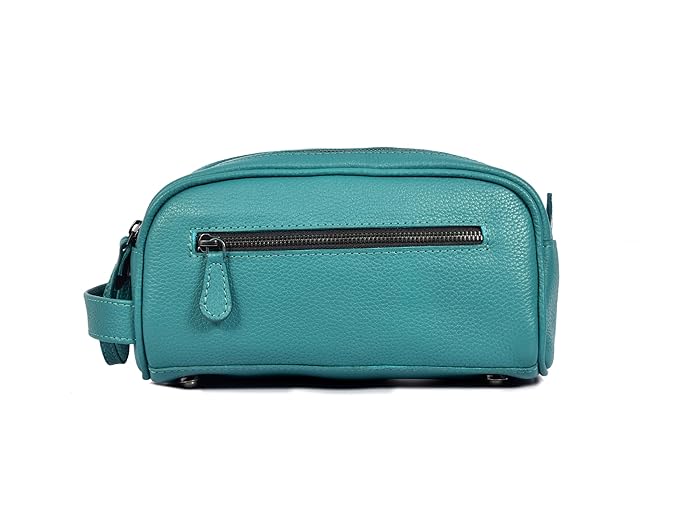10" Premium Leather Toiletry Travel Pouch With Waterproof Lining | King-Size Handcrafted Vintage Dopp kit By Aaron Leather Goods (Steel Blue)