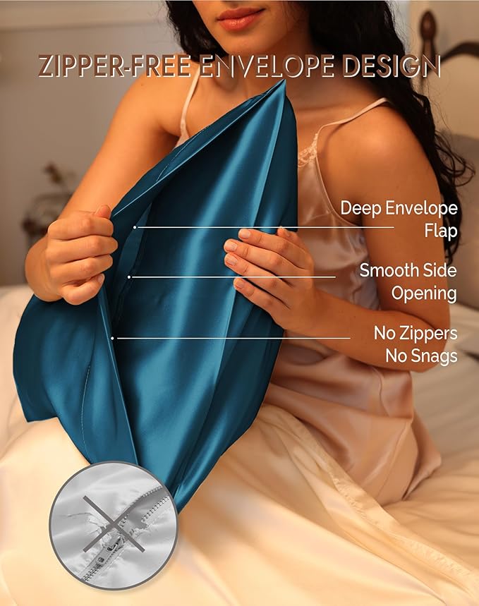 SilkSilky 100% Mulberry Silk Pillowcase - Pure 22 Momme High-Grade 6A Fibers for Hair & Skin, Envelope Closure, Natural, Organic, Breathable & Cooling Pillow Case (Standard, Teal)