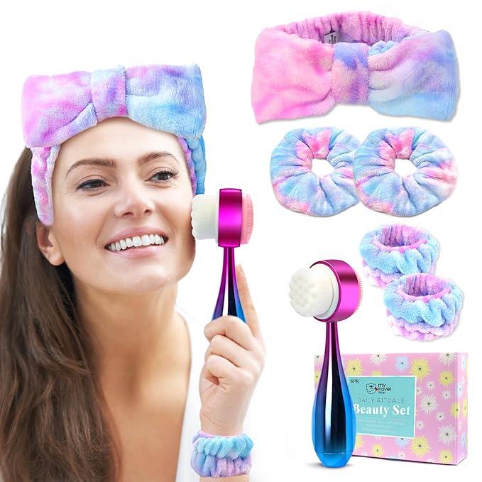 Facial Cleansing Brush, Headband for Washing Face with Silicone Double Side Manual Face Scrubber Brush, Skincare Headband and Wristband Set, 2 Hair Scrunchie, for Makeup Rainbow