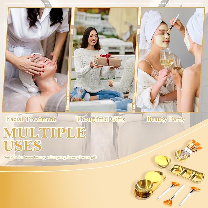 23 Pcs Esthetician Supplies 3 Stainless Steel Gold Mixing Bowls Gold Small Serving Tray 3 Compartment Serving Tray 3 Facial Fan Brushes 3 Face Mask Applicator Brush 12 Facial Sponge Compressed Round