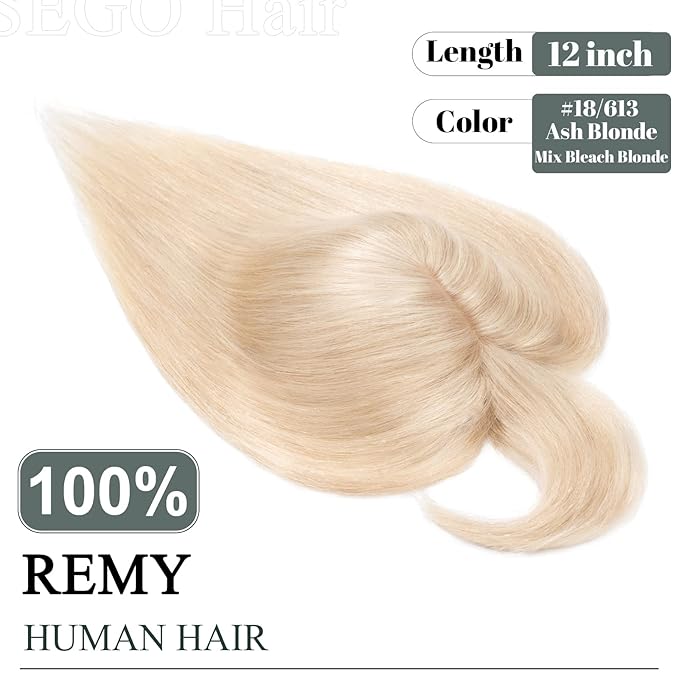 SEGO Hair Toppers for Women Real Human Hair with Thinning Hair, Toppers Hair Pieces Clip in Toppers Straight Hair Pieces with Front Bangs -12 Inch #18/613 Ash Blonde Mix Bleach Blonde