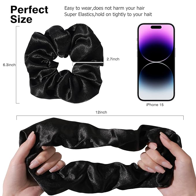 4PCS Big Satin Silk Scrunchies for Women Thick Hair, 6.3Inches Extra Large Scrunchy Oversized Thick Elastic Hair Ties Bands Ponytail Holders Jumbo Scrunchies (Black White Pink Silvergray)