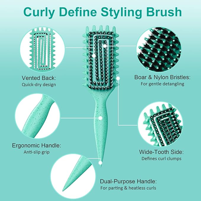 Curly Hair Brush, Curl Defining Brush with Soft Boar Bristles Detangling Tangled Glides, Wide-Teeth Design Effortlessly Shaping & Defining Curls, Curling Definer for Wet & Dry Hair (Green)