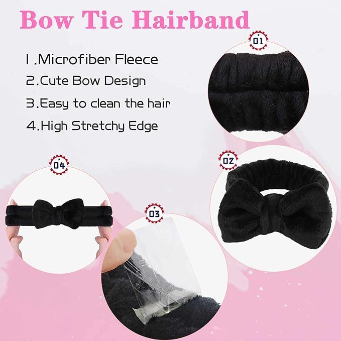 WSYUB Makeup Headbands, 1pcs Black Spa Headband Fluffy Bow Tie Headband Microfiber Face, and 2Pcs Wrist Spa Wash Band Absorbent Wristbands, for Washing Face Skin Care