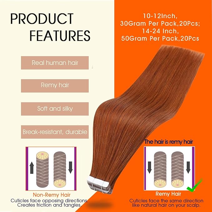 Full Shine Tape in Human Hair Extensions Invisible Tape in Hair Extensions Color 550 Copper Natural Adhesive Skin Weft 22Inch Seamless Remy Extension 50Gram 20Pcs for Wedding