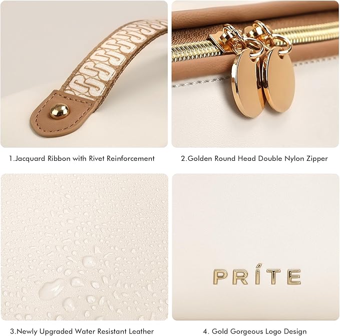 Prite Makeup Bag for Women Travel Waterproof Vegan Leather Cosmetic Bag Open Flat Toiletry Bag With Clear Divider and Handle (Beige)