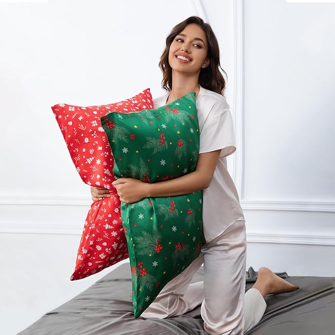 THXSILK Christmas Style 6A+ Grade Mulberry Silk Pillowcase for Hair and Skin, 22 Momme 100% Pure Silk Pillow Case with Hidden Zipper, Christmas Holly Printed Pillow Cover, Red， Standard