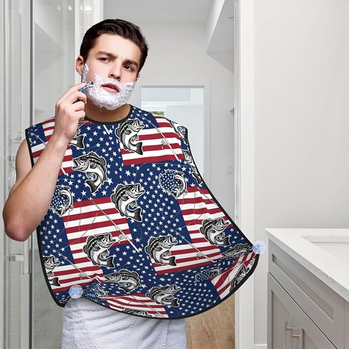 Waterproof Beard Grooming Bib, American Bass Fishing Lure Flag Shave Bib, Non-Stick Hair Catcher for Shaving Trimming, Apron Essential for Men Dad