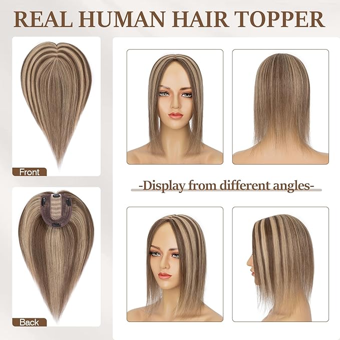 Rich Choices Hair Toppers for Women Real Human Hair 100% Human Remy Toppers NO Bangs with Thinning on Top Clip in Hairpiece 4"x4.7"Lace Base 6 Inch #4P27 Medium Brown Highlights Dark Blonde