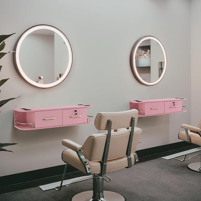 BarberPub Beauty Locking Wall Mount Styling Station, Barber Salon Station with Hair Dryer Holders, Spa Storage Floating Equipment with 2 Drawers 5012 (Pink)
