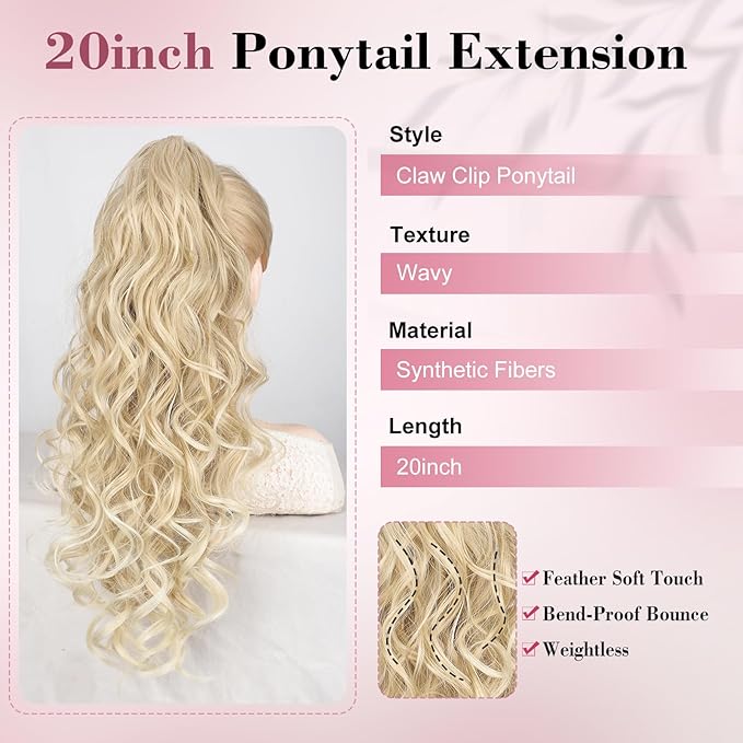 QGZ 20" Wavy Ponytail Extension, Claw Clip Ponytail Hair Extension, Natural Synthetic Hairpiece for Women Daily Use(Blonde with Light Blonde Ends)