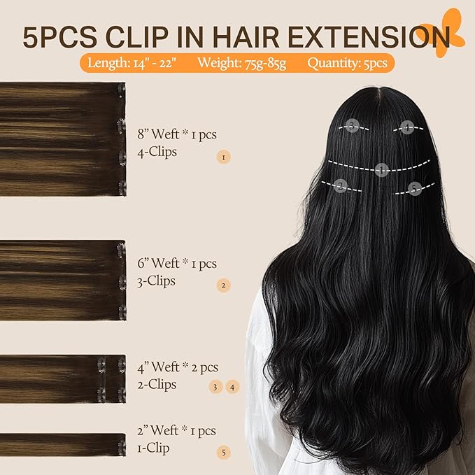 DOORES Human Hair Extensions Clip in, 5pcs 85g 22 Inch Balayage Ombre Dark Brown to Chestnut Brown Clip in Hair Extensions Natural Hair Extensions Silky Straight