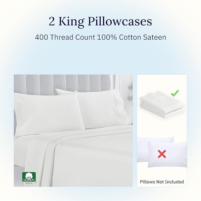 California Design Den King Size Pillowcase Set - 400 Thread Count, 100% Cotton Sateen, Set of 2 Pillow Covers, Soft and Breathable - Ivory (Pale Tone)