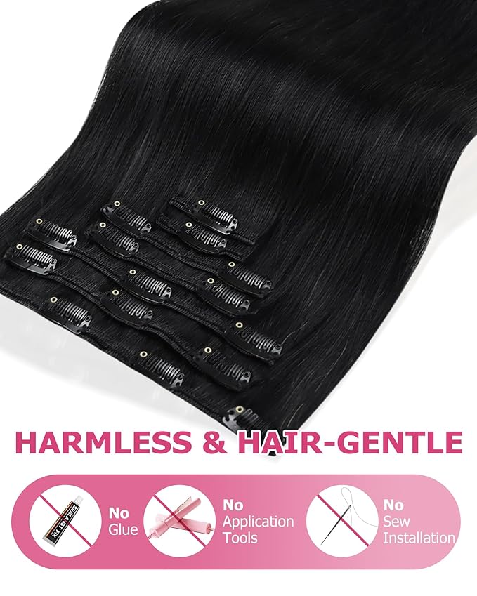 YoungSee 85G Clip in Human Hair Extensions Black Short Human Hair Clip in Extensions Jet Black Clip ins Hair Extension Real Human Hair Natural Short Hair Extension for Women 12Inch 7Pcs