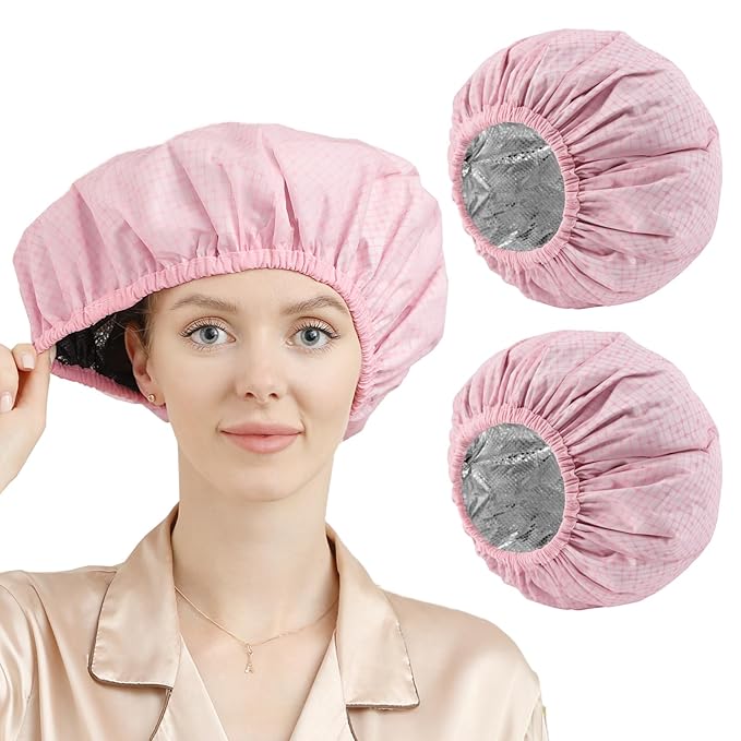 YIZIJIZI 2 Pieces Heat Cap for Deep Conditioning, Conditioning Cap Made of Aluminum Foil for Home and Salon Use, Hair Dyeing（pink）