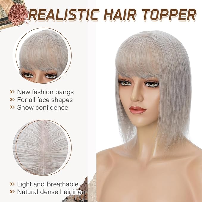 Rich Choices Real Human Hair Toppers for Women With Bang 100% Remy Human Hair Topper for Thinning Hair Clip in Silk Base Hair Topper 10 Inch GREY
