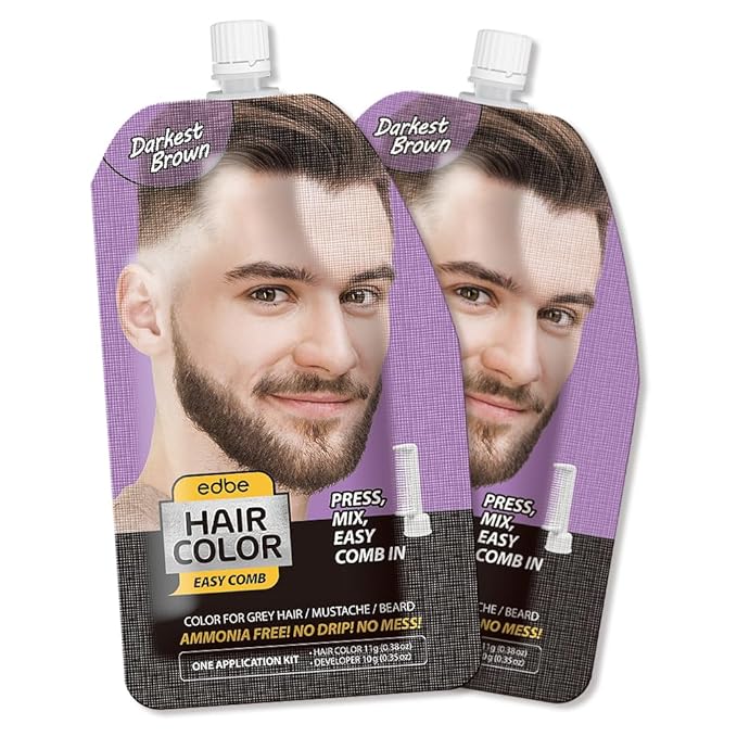 Edbe Hair Color Easy Comb Darkest Brown (2 Pack) - Grey Hair Mustache and Beard Coloring for Men with One Application Kit…