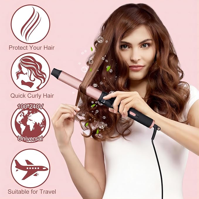 5 in 1 Curling Wand Set - SIQUER Curling Iron Set 1/2 to 1 1/4 Inch Beach Waves Wands 1 1/2 Inch Thermal Brush Fast Heating Up Hair Curlers for Women with Protective Gloves Clamps (Rose, Black)
