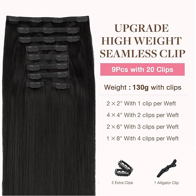 GOO GOO Clip in Hair Extensions Real Human Hair, Remy Human Hair Extensions Clip ins for Women, Natural Human Hair, 18inch 170g 9Pcs, #1B Natural Black