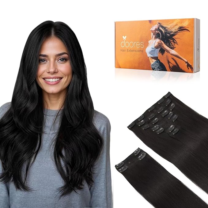 DOORES Hair Extensions Clip in Human Hair, Natural Black 150g 9pcs 20 Inch, Real Thick Remy Weft for Women Straight Silky Weft