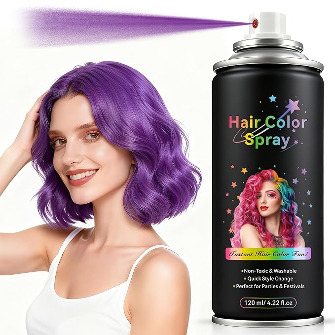 Temporary Hair Color Spray - Instant Washable Hair Dye for Kids & Adults, Non-Toxic & Non-Sticky Formula for Halloween, Cosplay, Parties & Festivals - Lasts All Day, Easy Wash Out -4.22oz (Purple)