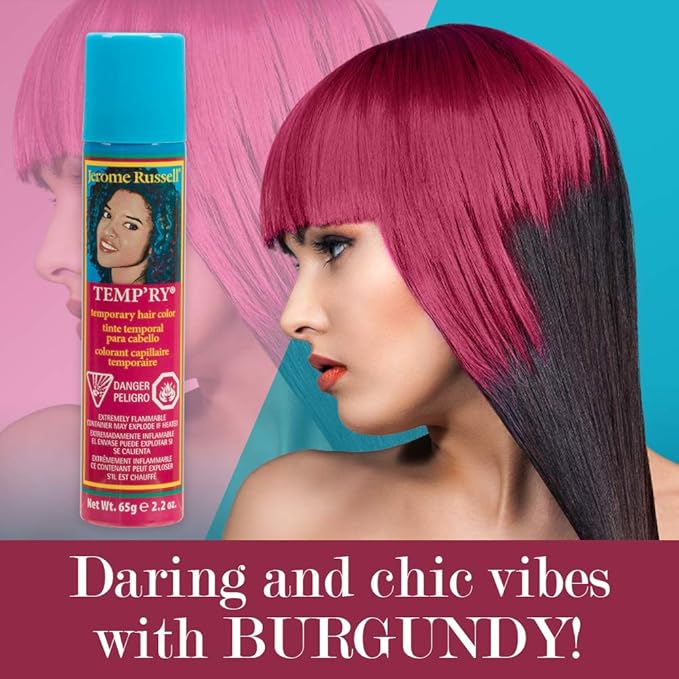 Jerome Russell Temporary Hair Color Spray, Burgundy - Intense Fast-Drying, Non-Sticky, Travel Size Hair Tint for Instant Vivid Color, 2.2 oz