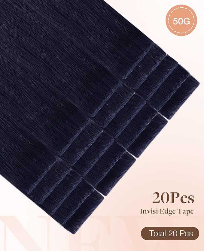 GOO GOO Invisi Edge Tape in Hair Extensions Human Hair, 1G Midnight Black, 20pcs 18inch 50g, Virgin Remy Hair, Seamless Injected Tape, Natural Look