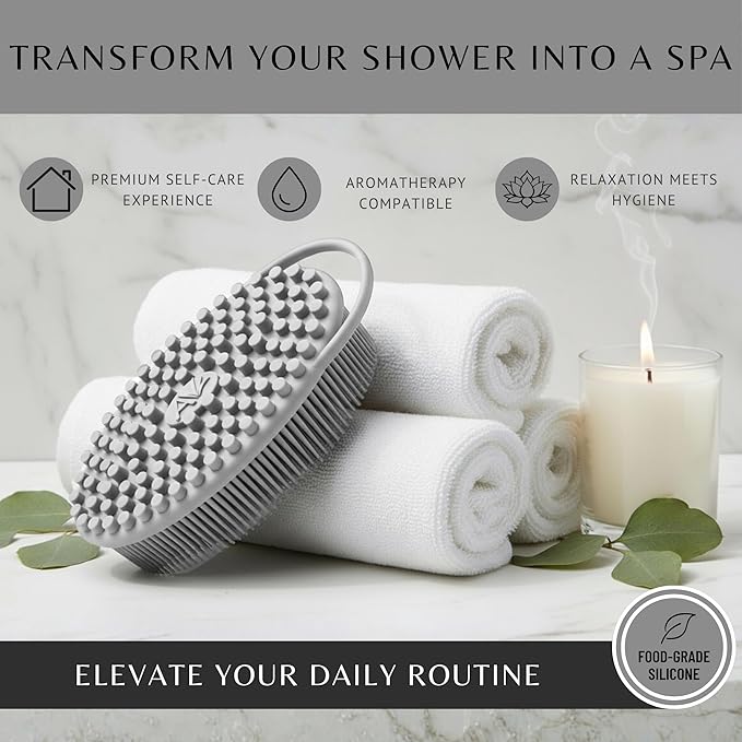 Silicone Body Scrubber for Shower - Gentle Exfoliating Back Scrubber with Soft Bristles - Avilana Premium Dual Sided Bath Brush Massage - Loofah Alternative for Sensitive Skin - Gift Women Men