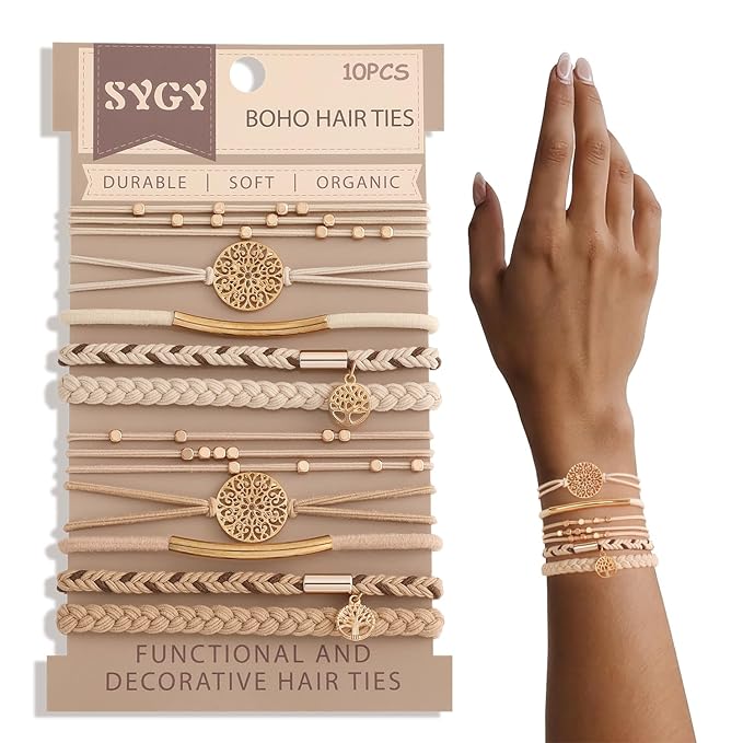 10 Boho Bracelets, Braided & Stretch Hair Ties for Thick/Thin Hair, 5 Styles, Light Coffee Colors - No Damage Ponytail Holders