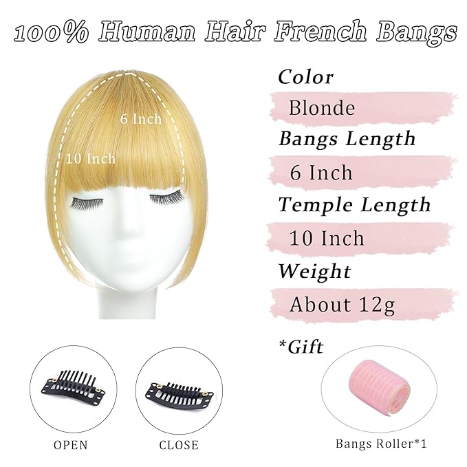Clip in Bangs Real Human Hair Light Blonde French Bangs Fringe with Temples Thick Curtain Bangs Clip on Bangs Curved Fake Bangs Hairpieces for Women for Daily Wear