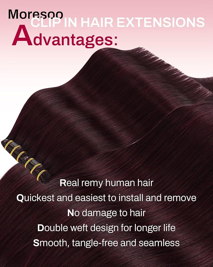 Moresoo Burgundy Clip in Hair Extensions Short Clip in Human Hair Extensions Red Wine for Women Real Human Hair Double Weft #99j Dark Red 80g/5pcs 12 inch