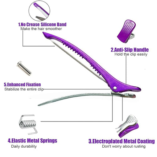 10 pcs Professional Hair Clips for Styling Sectioning - Sectioning Hair Clips for Styling, No-Crease Silicone Band& Anti-Slip Grip, Cutting Clips for Blowouts, Curling, Coloring （Black+Purple）