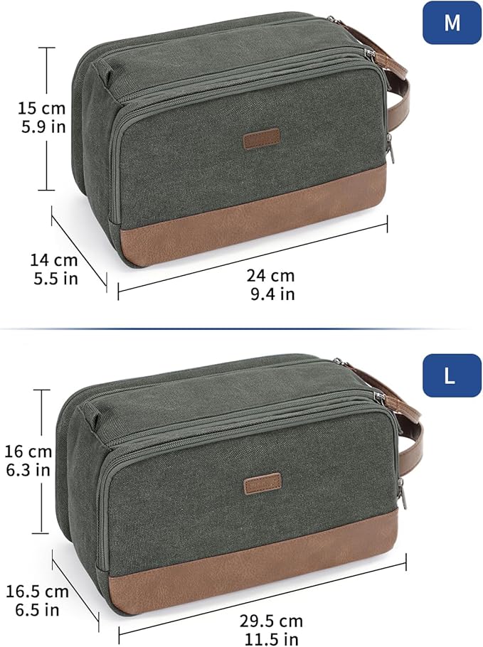 WANDF Toiletry Bag for Men Travel Toiletry Organizer Canvas and Leather Dopp Kit Water-Resistant Shaving Bag for Travel Accessories (Green, Medium)