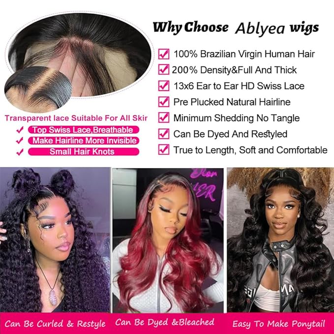 Body Wave Lace Front Wigs Human Hair 200 Density 24Inch 13x6 Body Wave Frontal Wigs Human Hair with Baby Hair Natural Hairline Natural Black