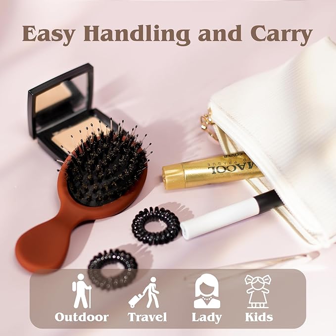 Mini Boar Bristle Hair Brush - Boar & Nylon Bristle Small Brush for Women Kids Long Short Hair to Smooth Add Shine - Travel Size Hair Brush for Purse,Pocket - Red
