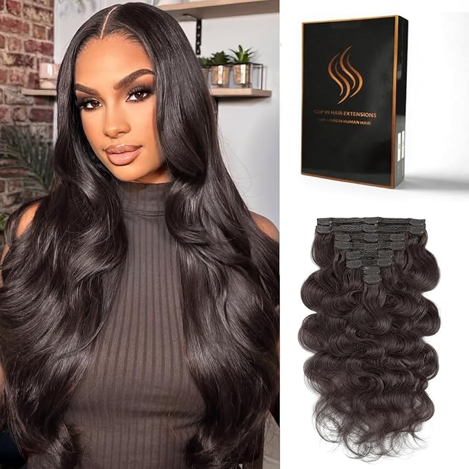 Clip in Hair Extensions Real Human Hair Body Wave 2 Dark Brown Clip in 100% Brazilian Remy Human Hair Extensions 8pcs Per Set with 18 Clips Double Weft 22 Inch 110g/3.6oz