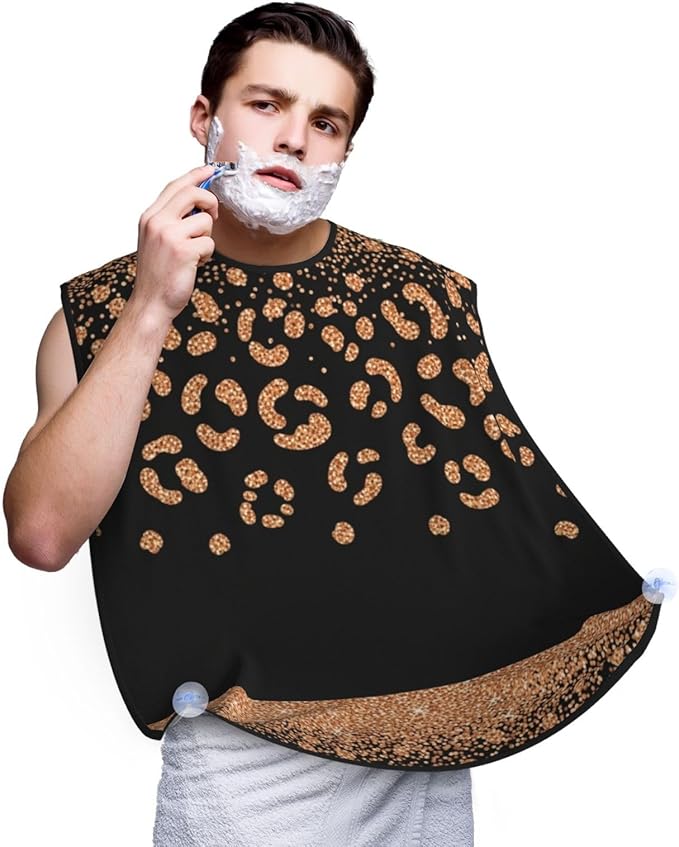 Beard Hair Catcher for Men, Waterproof Shaving Bib Apron Non-Stick, Trimming Tool for Dad Husband, Rose Gold Glitter Black Cheetah Leopard Print Shave Bib
