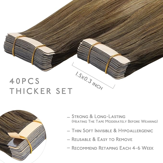 WENNALIFE Tape in Hair Extensions Human Hair, 40pcs 60g 10 inch Ombre Walnut Brown to Ash Brown and Bleach Blonde Hair Extensions Real Human Hair Straight Tape in Extensions Real Human Hair Extensions