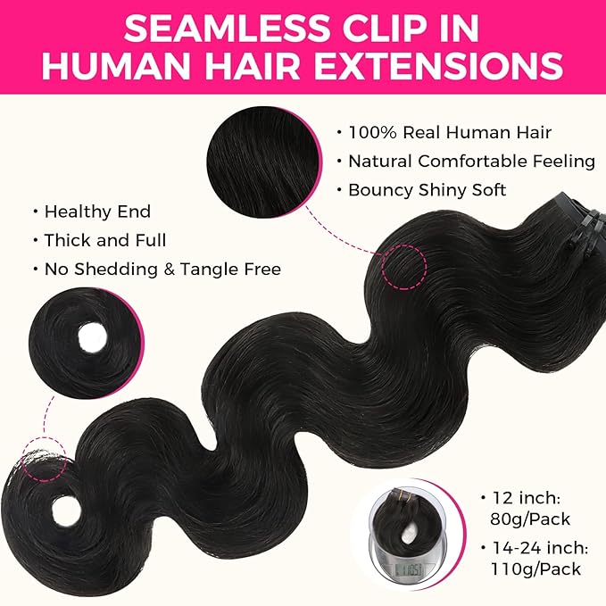 Lashey Seamless Clip in Hair Extensions Remy Human Hair Extensions, 110g 7pcs Body Wave Natural Black Clip in Hair Extensions 100% Real Soft Human Hair Natural Black Human Hair Extensions 14 Inch