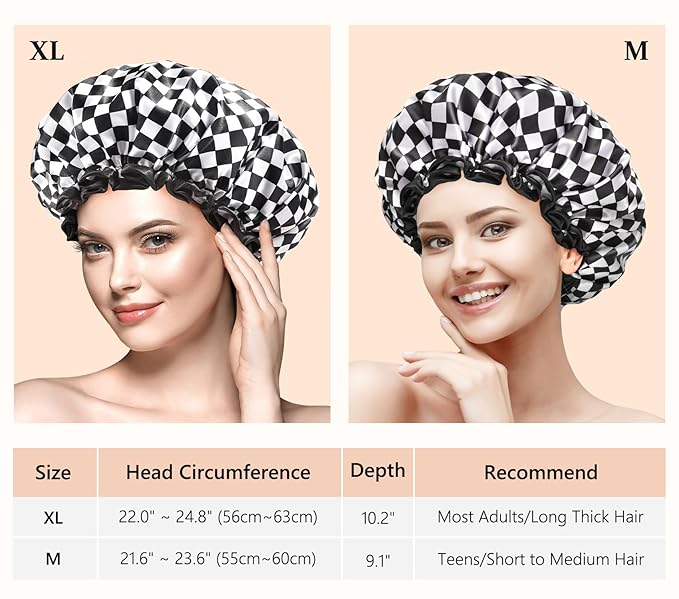 mikimini Shower Cap for Women, Reusable, Double Layers Waterproof Bathing Shower Hat with Soft Comfortable PEVA Lining, Non-fading, Stretchy & Shower Cap for Long Hair Medium Pack of 2, Checkered