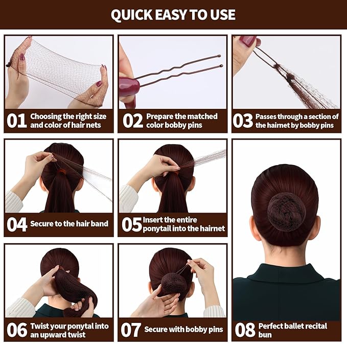Teenitor Hair Accessories Hair Net Set, Includes 40pcs Invisible Hair Nets for Ballet Recital & 80pcs Bobby Pins for Bun Maker, Brown, 3 Size