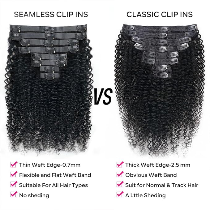 Seamless Curly Clip in Hair Extensions Real Human Hair Brazilian Virgin Human Hair Clip in Extensions 8Pcs Seamless Clip ins for Black Women with 18Clips PU Skin Weft 120g 12inch Natural Black