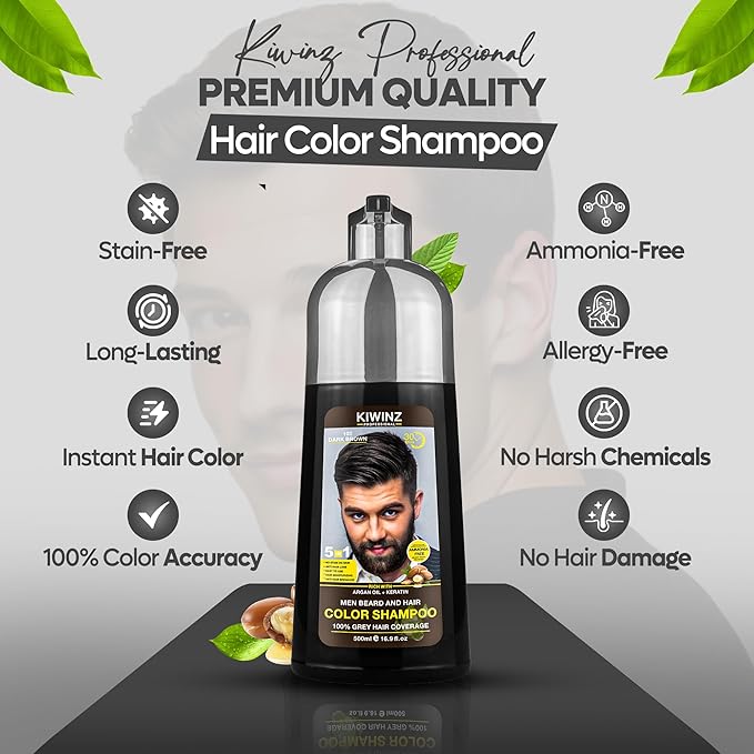 Dark Brown Hair Color Shampoo for Men – 5 in 1 Hair Dye Shampoo for Grey Hair - Instant Hair Dye with 100% Color Accuracy with Natural Ingredients - Ammonia Free - 500ml