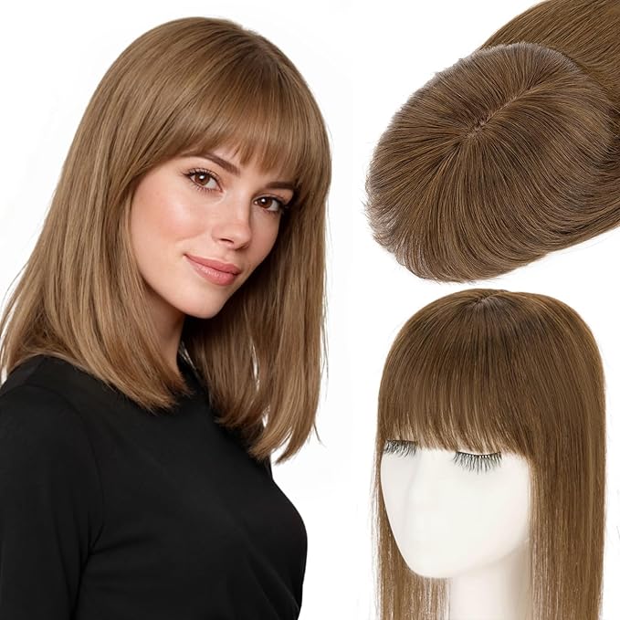 Rich Choices Human Hair Toppers for Women-100% Real Remy Hair Topper with 3D 360°Bang-Upgraded 150% Density 9 * 12CM Lace Base-Clip in Hairs topper for Thinning Hairs-14Inch #4 Medium Brown