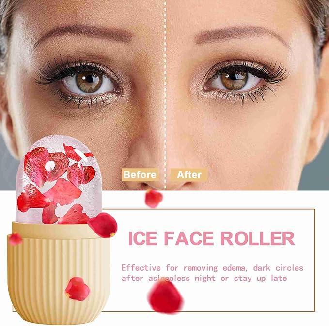 XHJRI Ice Face Roller Massager,Ice Cube Roller for Face, Eyes and Neck Naturally Conditioning and Skin Care,De-Puff Eye Bags,Reduce Migraine Pain,Reusable Massage Silicone Ice Mold (Beige)