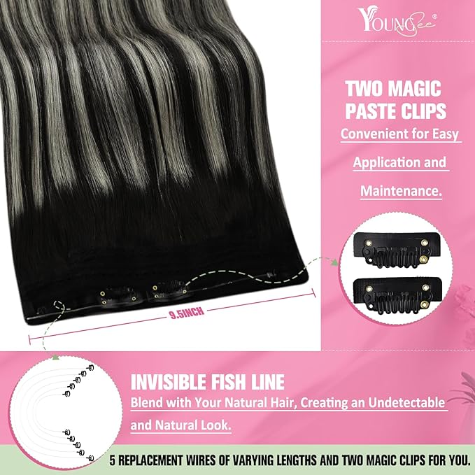 YoungSee Wire Hair Extensions Human Hair Black Balayage Human Hair Wire Extensions Black Ombre Silver Balayage Fish Line Extensions Long Straight Hair 20In 100G