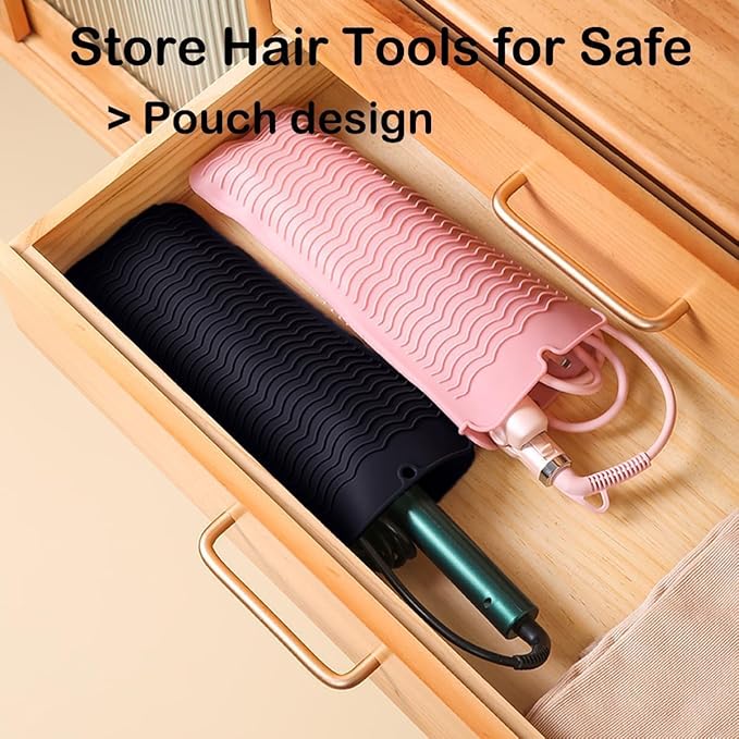 2 Pcs Professional Silicone Heat Resistant Mat Pouch for Curling Iron, Flat Iron and Other Hot Tools, Portable Travel Mat and Cover for Hair Styling Tools with Hanging Hole (2PCS Black)