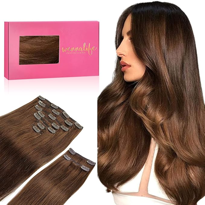 WENNALIFE Clip in Hair Extensions, 150g 14 Inch 9pcs Chocolate Brown Human Hair Extensions Thicker Clip in Hair Extensions Real Human Hair Clip Set Double Weft