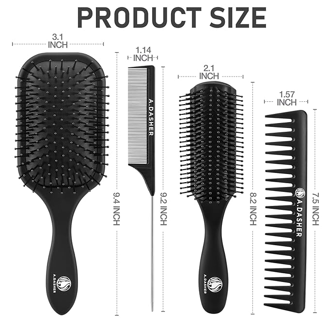 4Pcs Paddle Hair Brush Set, Detangler Brush and comb-Detangling Hairbrush for Wet Dry Long Thick Thin Curly Natural Hair(Black)